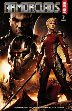 Image of woman, man, and masked figured standing in front of a planet. The words Armor Clads Prologue is there as well along with the Valiant Comics logo