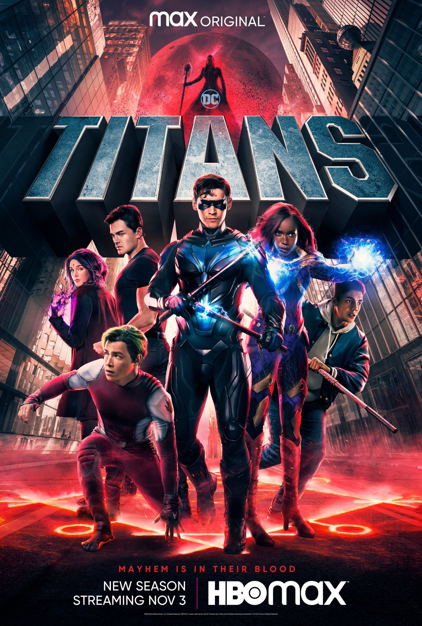 Titans season four poster featuring Raven, Beast Boy, Superboy, Nightwing, Starfire, and Tim Drake